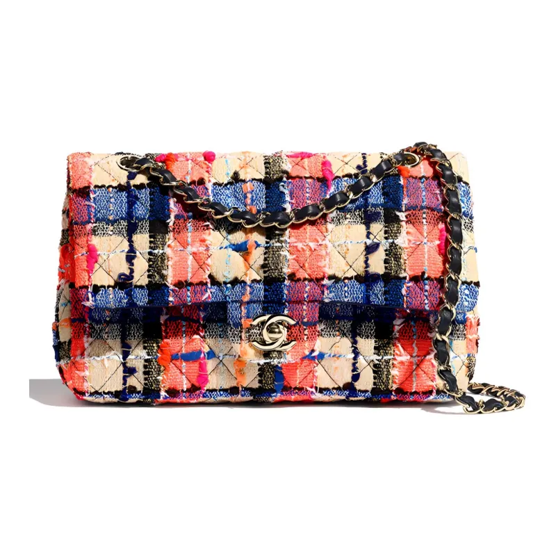 CHANEL Classic Flap CF Tweed Shoulder Bag Women's Blue & Beige & Orange-0