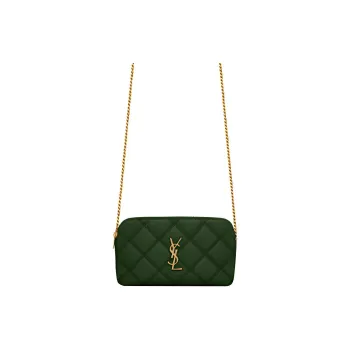 SAINT LAURENT Lambskin Clutch Portable Crossbody Bag, Shoulder Bag Women's Dark Green