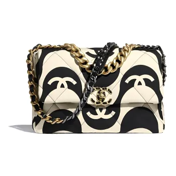 CHANEL 19Bag Fabric One Shoulder Handbag, Crossbody Bag Trumpets Women's Black White