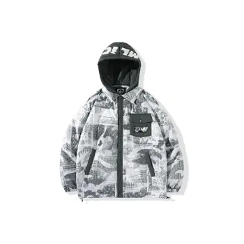 LAMLICKA Geometric Pattern Hooded Loose Fit Thickened Puffer Jacket Unisex Gray
