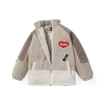 Bt Letter Colorblock Geometric Pattern Stand Collar Loose Fit Puffer Jacket Unisex Khaki
