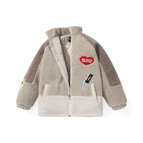 Bt Letter Colorblock Geometric Pattern Stand Collar Loose Fit Puffer Jacket Unisex Khaki