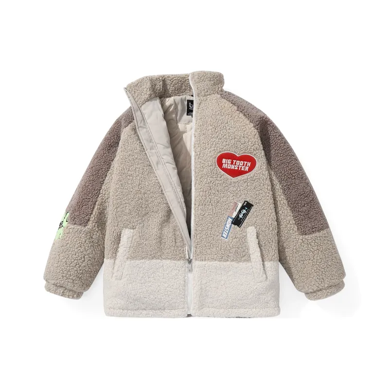 Bt Letter Colorblock Geometric Pattern Stand Collar Loose Fit Puffer Jacket Unisex Khaki-0