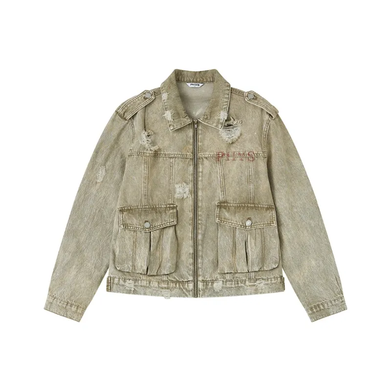 WULISHAONIAN Distressed Washable Print Jacket Unisex Grass Green-0