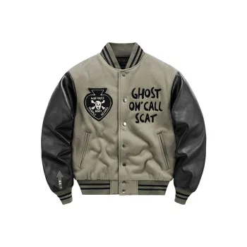 VIP Patchwork Leather Sleeves Wool Baseball Jacket Fleece Lined Puffer Jacket Unisex Black Gray Color