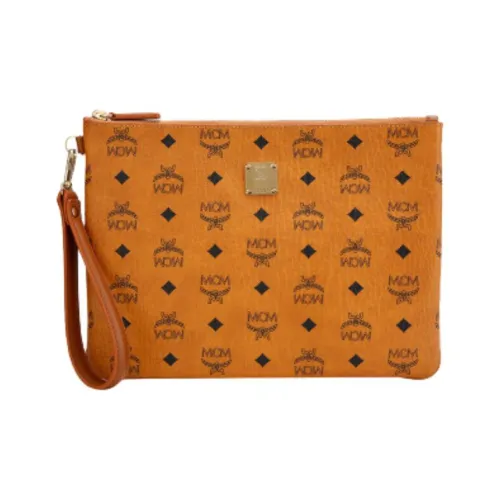 MCM Stark Visetos Artificial Leather Wrist Bag Clutch Regular Unisex Cognac