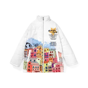 GENANX Cartoon Letter Stand Collar Loose Fit Puffer Jacket Unisex White