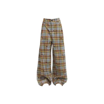 PAINT STAIN Casual Pants Unisex Yellow Blue Plaid Single Item