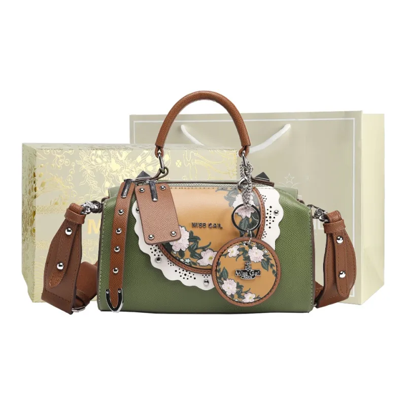 MISS GAIL Synthetic Leather Handbag Regular Women's Cross Grain Green/Cross Grain Purple-7