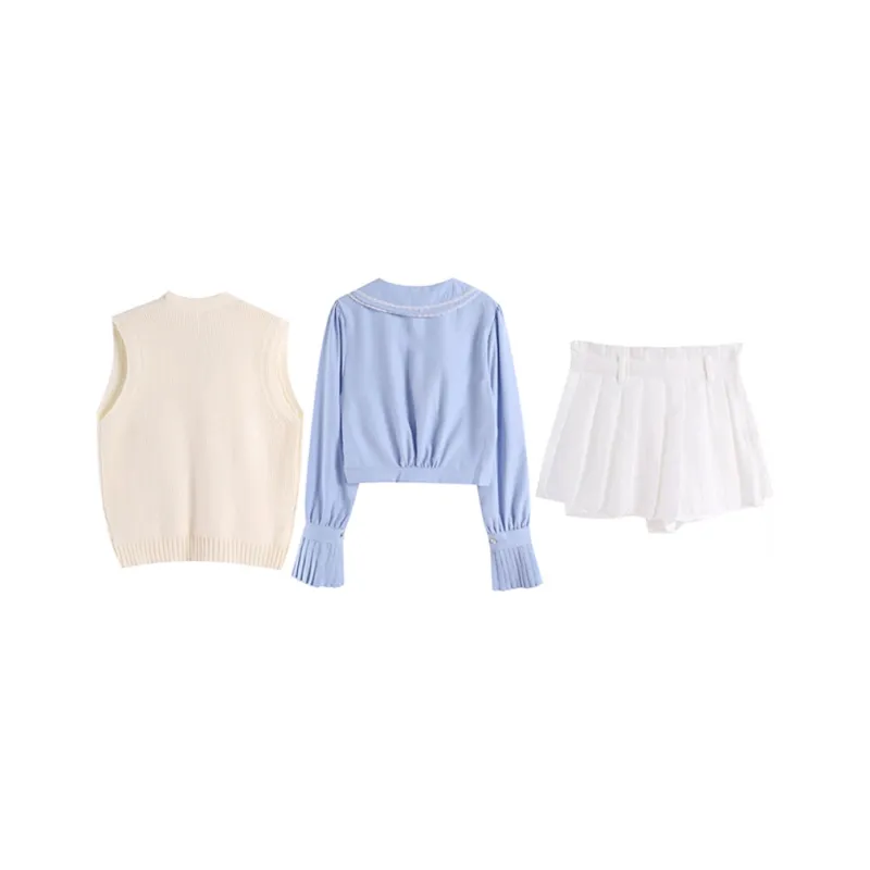 SNZX Skirt Set Women's Apricot+Blue+White-1