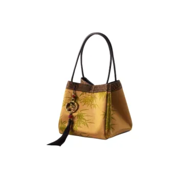 Shanghai Story Mulberry Silk Xiangyun Gauze Handbag Medium Size Women's New Yellow Green/Rusty Red