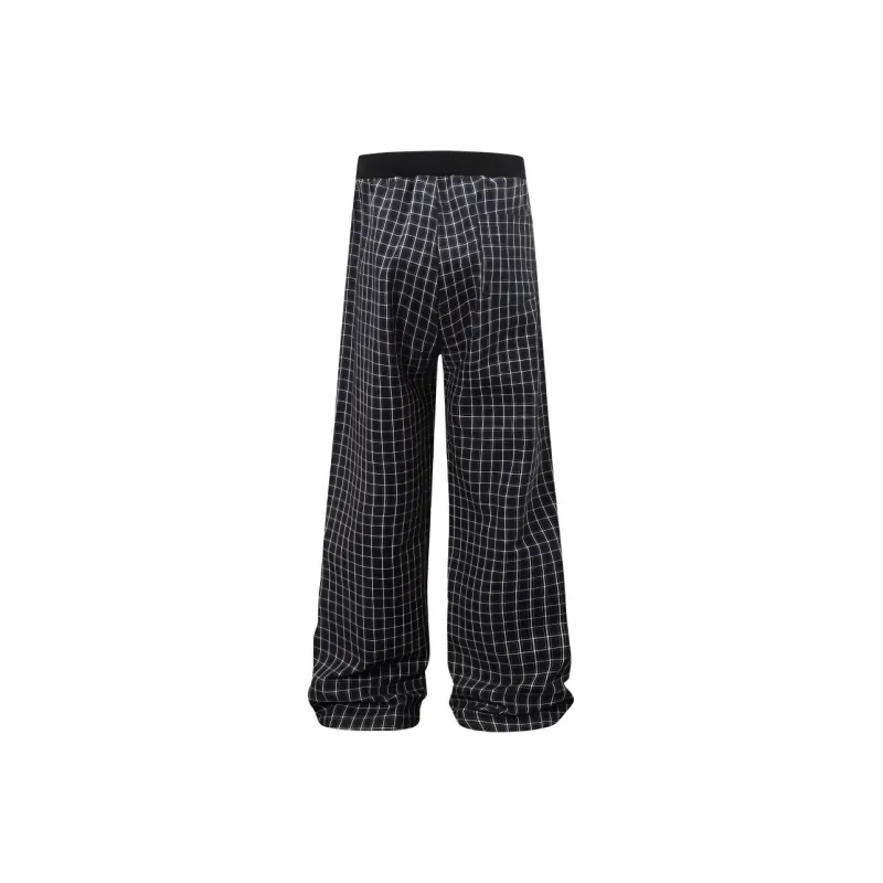 DOKZB Casual Pants Women's Navy Blue Plaid-1