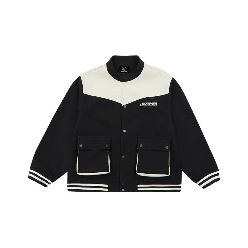 BEASTER Letter Colorblock Baseball Collar Loose Fit Thickened Puffer Jacket Unisex-0