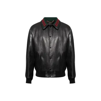 GUCCI Web Striped Detail Leather Bomber Jacket