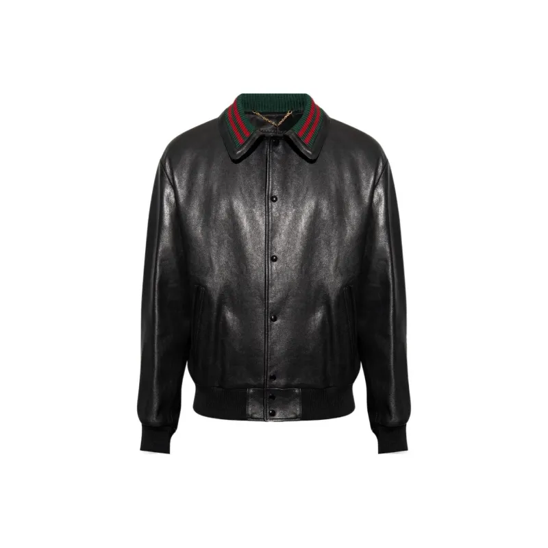 GUCCI Web Striped Detail Leather Bomber Jacket-0
