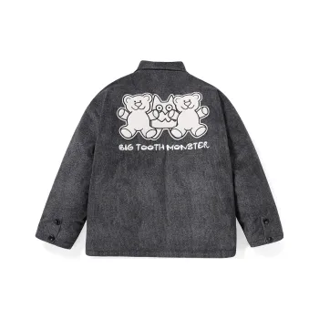 Bt Cartoon Letter Lapel Loose Fit Puffer Jacket Unisex Gray