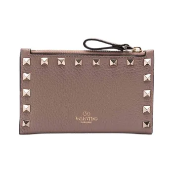 Valentino Rockstud Calfskin Card Holder Women's Umber