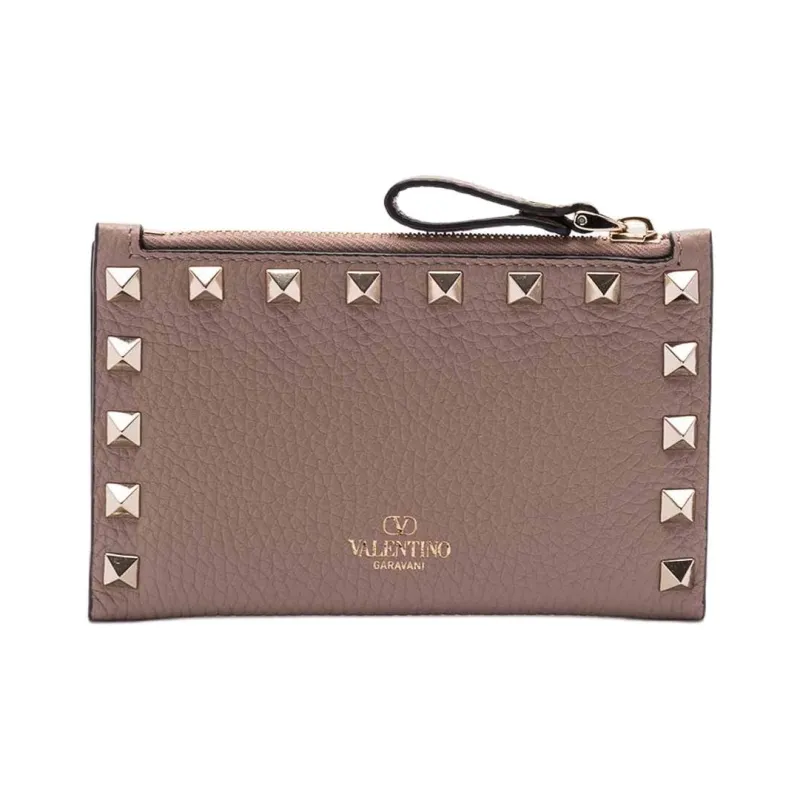 Valentino Rockstud Calfskin Card Holder Women's Umber-0