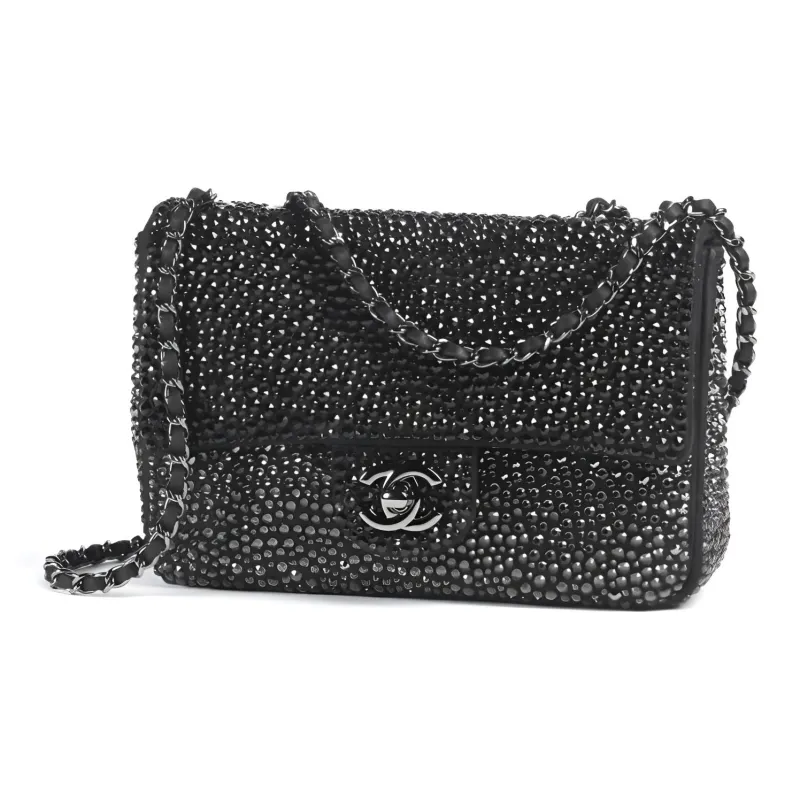 CHANEL Classic Flap CF Rhinestone Lambskin Handbag, Shoulder Bag, Crossbody Bag Trumpets Women's Black-0