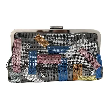 CHANEL Embroidery Metal Texture Gauze Pearl Evening Clutch Bag Women's Silver & Multicolor