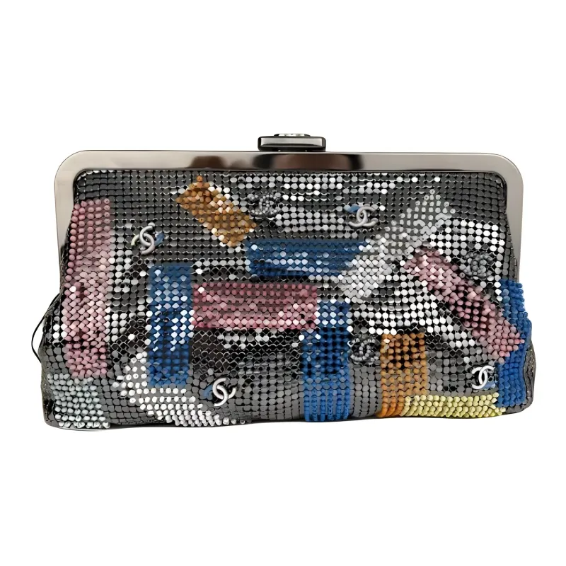 CHANEL Embroidery Metal Texture Gauze Pearl Evening Clutch Bag Women's Silver & Multicolor-0