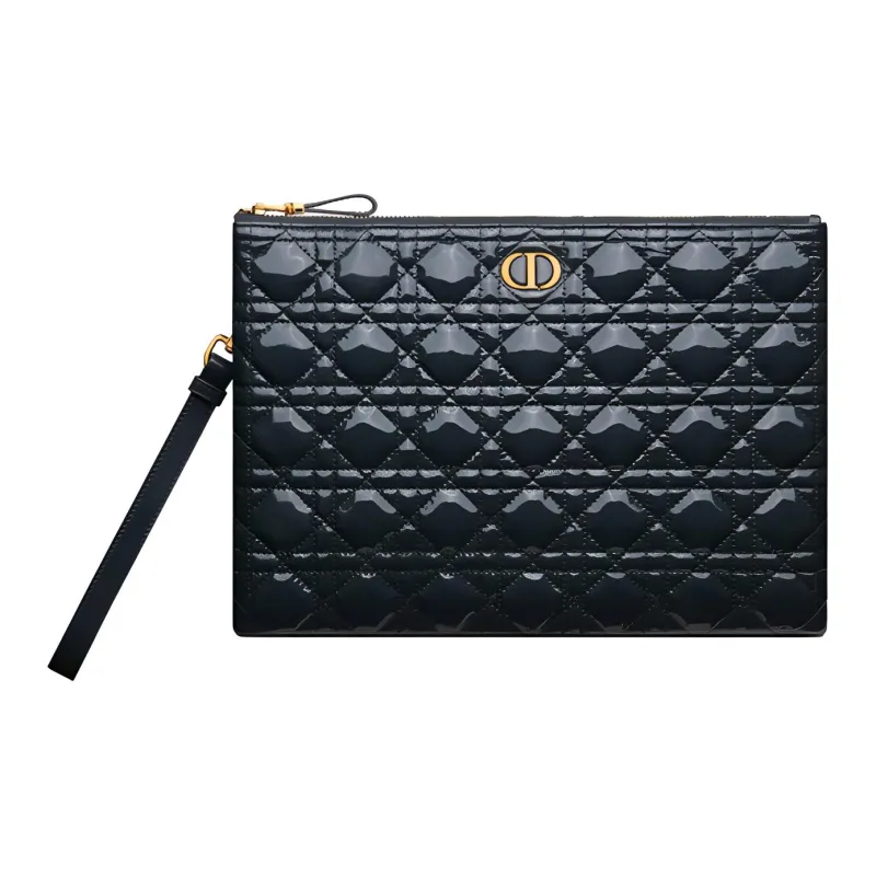 DIOR Caro Patent Leather Calfskin Handbag Clutch Large Size Women's Blue Black-0