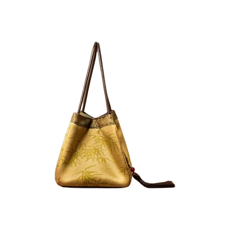 Shanghai Story Mulberry Silk Xiangyun Gauze Handbag Medium Size Women's New Yellow Green/Rusty Red-5