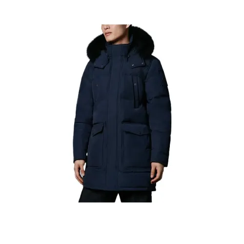 Moose Knuckles Solid Color Hooded Mid Length Down Jacket Men's