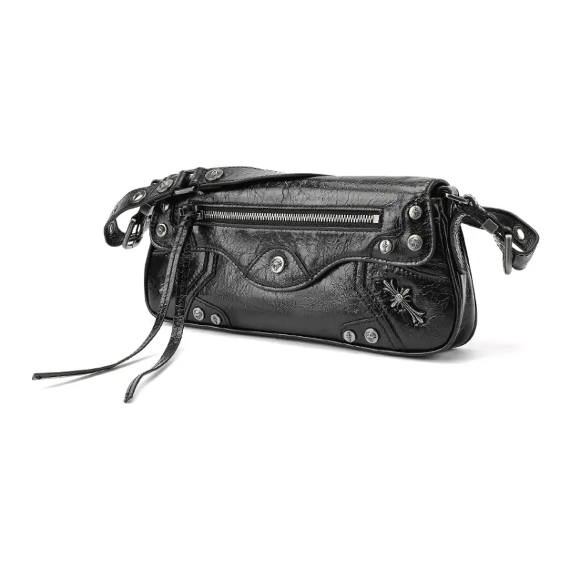 Ed Hardy Classic Series Cow Leather Shoulder Bag, Crossbody Bag Biker Bag Medium Size Women's Black-4