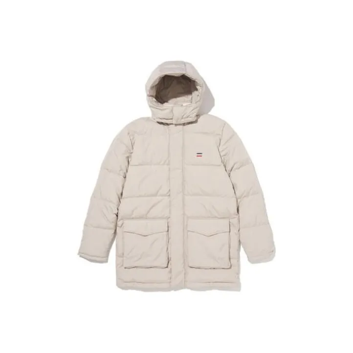 Levis FW22 Solid Color Hooded Mid-Length Down Jacket Men's Ecru-0