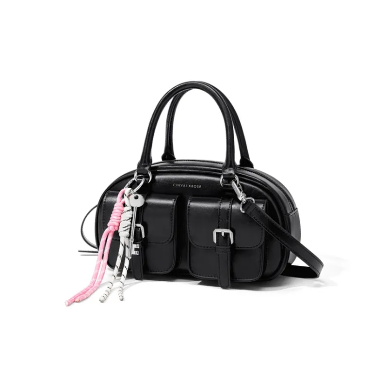 CinvaiKrose Synthetic Leather Bowling Bag, Shoulder Bag, Crossbody Bag, Handbag Small Size Women's Ecru/Pink/Black-5