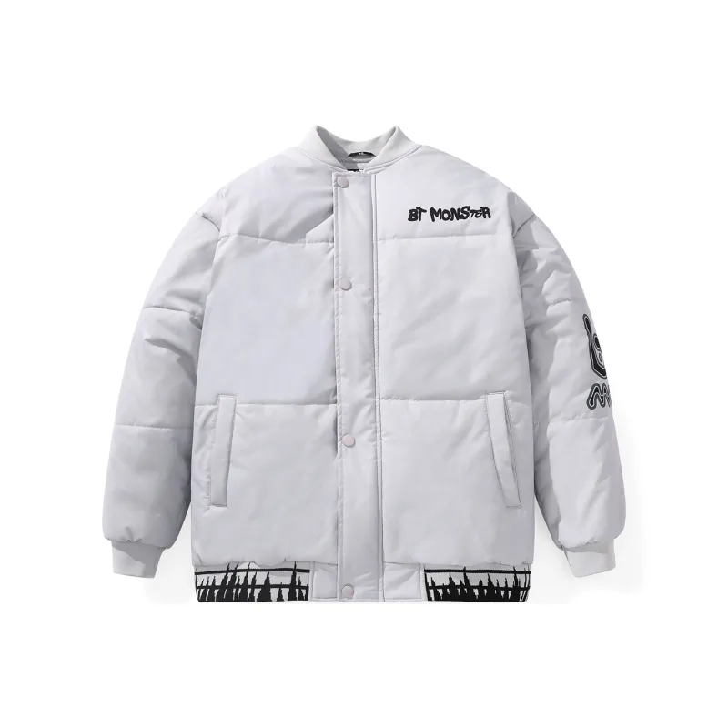 Bt Letter Baseball Collar Loose Fit Puffer Jacket Unisex-6
