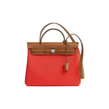 HERMES Herbag Zip Canvas With Hunter Cow Leather One Shoulder Handbag Women's Open Country Orange & Light Yellow Umber
