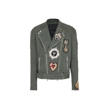 BALMAIN Long Sleeved Embroidered Patch Biker Jacket