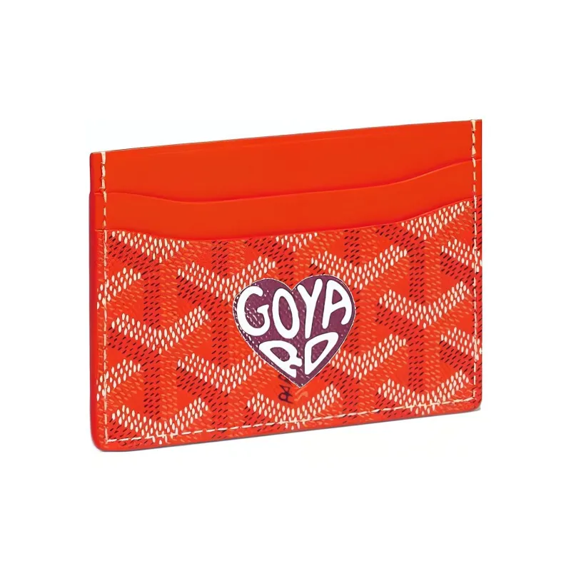 GOYARD Saint-Sulpice Canvas With Calfskin Card Clip Card Holder Unisex Orange With Burgundy Small Heart-0