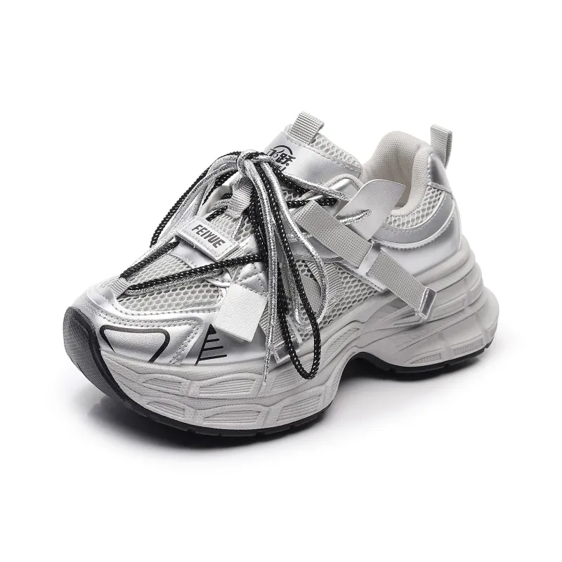Feiyue Girly Heart Series Cushioning Slip Resistant Height Increasing Low Top Chunky Sneakers Women's Silver-1