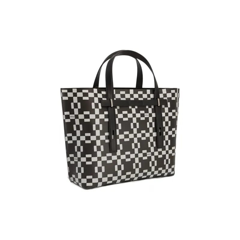 Furla Canvas With Leather Tote Bag Shopping Bag Handbags Large Size Men's Black White-1