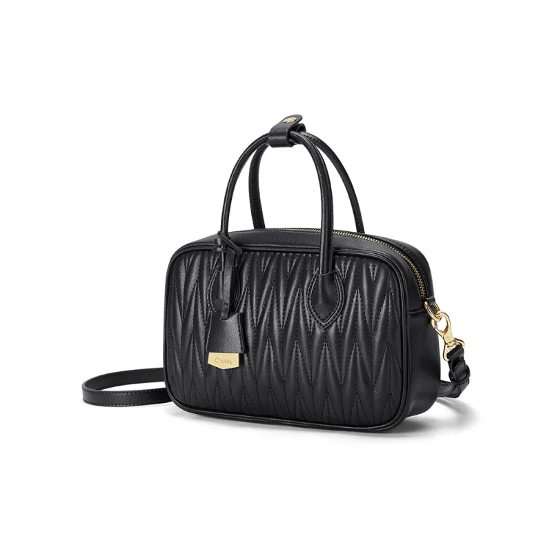 CNOLES Cow Leather Bowling Bag, Handbag Regular Women's Ecru/Black-8