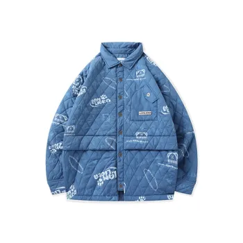 LAMLICKA Letter Lapel Loose Fit Thickened Puffer Jacket Unisex Blue