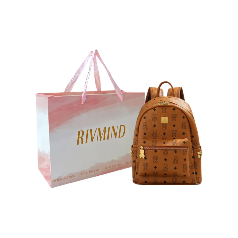 RIVMIND Synthetic Leather Backpack Tubas Women's Ecru/Brown/Black-12