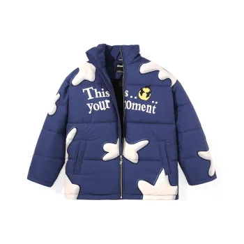 GENANX Letter Stand Collar Loose Fit Puffer Jacket Unisex Navy Blue