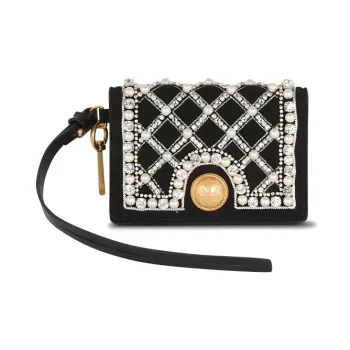 BALMAIN Suede With Embroidered Pearl Coin Purse Card Clip Card Holder Women's Black
