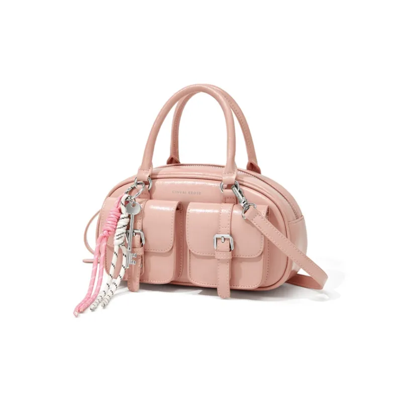 CinvaiKrose Synthetic Leather Bowling Bag, Shoulder Bag, Crossbody Bag, Handbag Small Size Women's Ecru/Pink/Black-10