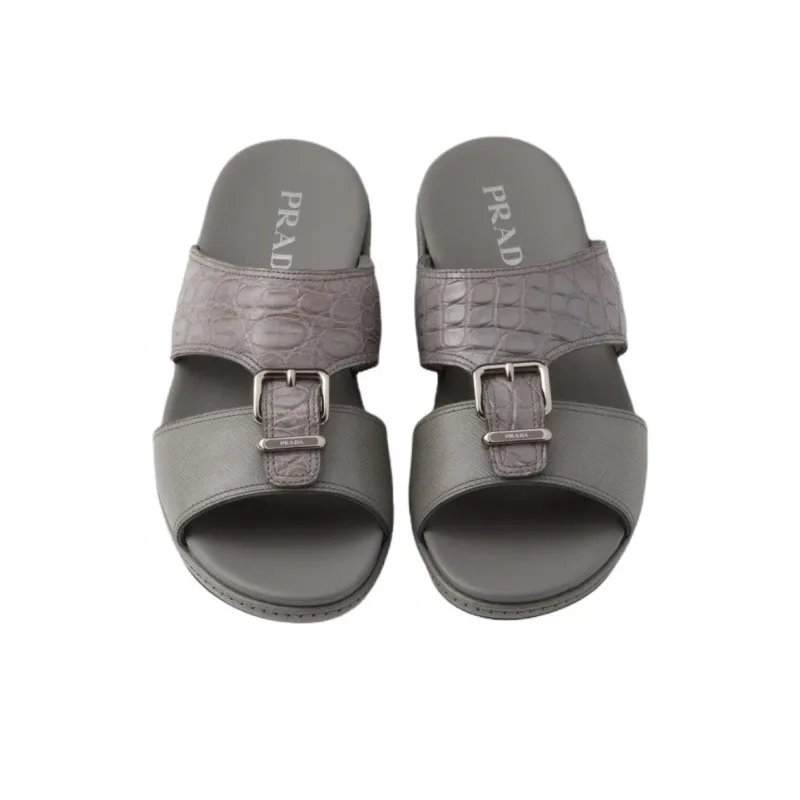 PRADA Saffiano Rubber Sole Slide Slippers Men's Gray-5