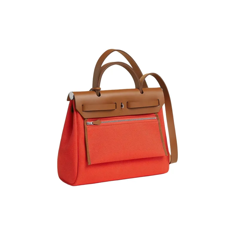 HERMES Herbag Zip Canvas With Hunter Cow Leather One Shoulder Handbag Women's Open Country Orange & Light Yellow Umber-2