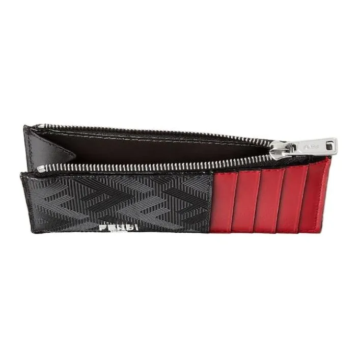 FENDI Leather Card Holder Men's Black & Red-2