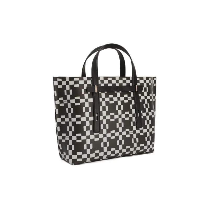 Furla Canvas With Leather Tote Bag Shopping Bag Handbags Large Size Men's Black White-2
