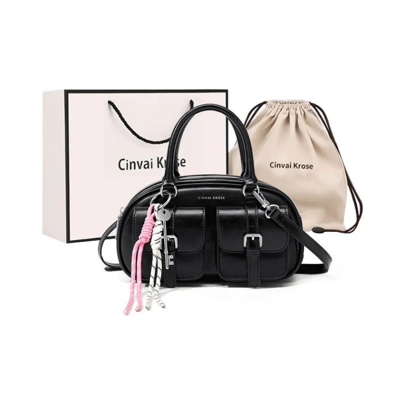 CinvaiKrose Synthetic Leather Bowling Bag, Shoulder Bag, Crossbody Bag, Handbag Small Size Women's Ecru/Pink/Black-4