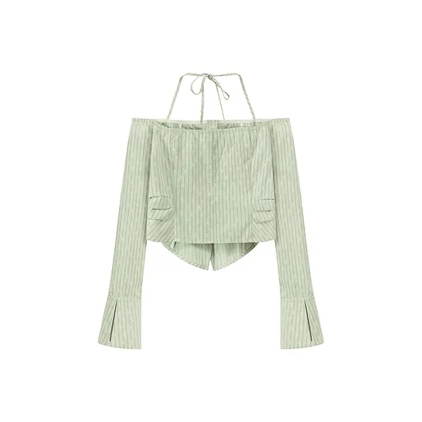 CHUU Chiffon Shirt Women's Green Stripes Pattern-1