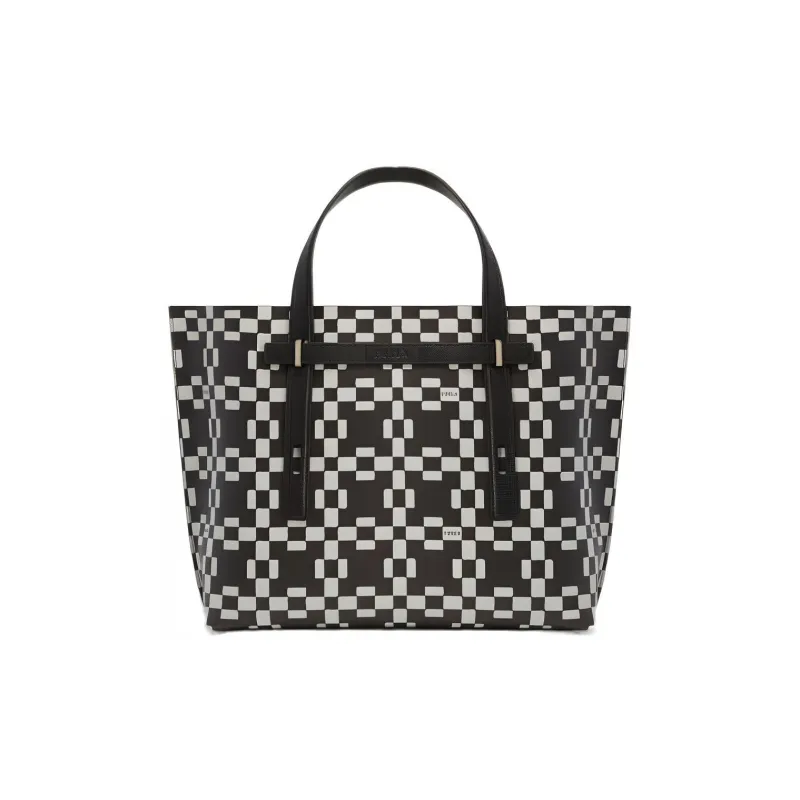 Furla Canvas With Leather Tote Bag Shopping Bag Handbags Large Size Men's Black White-0